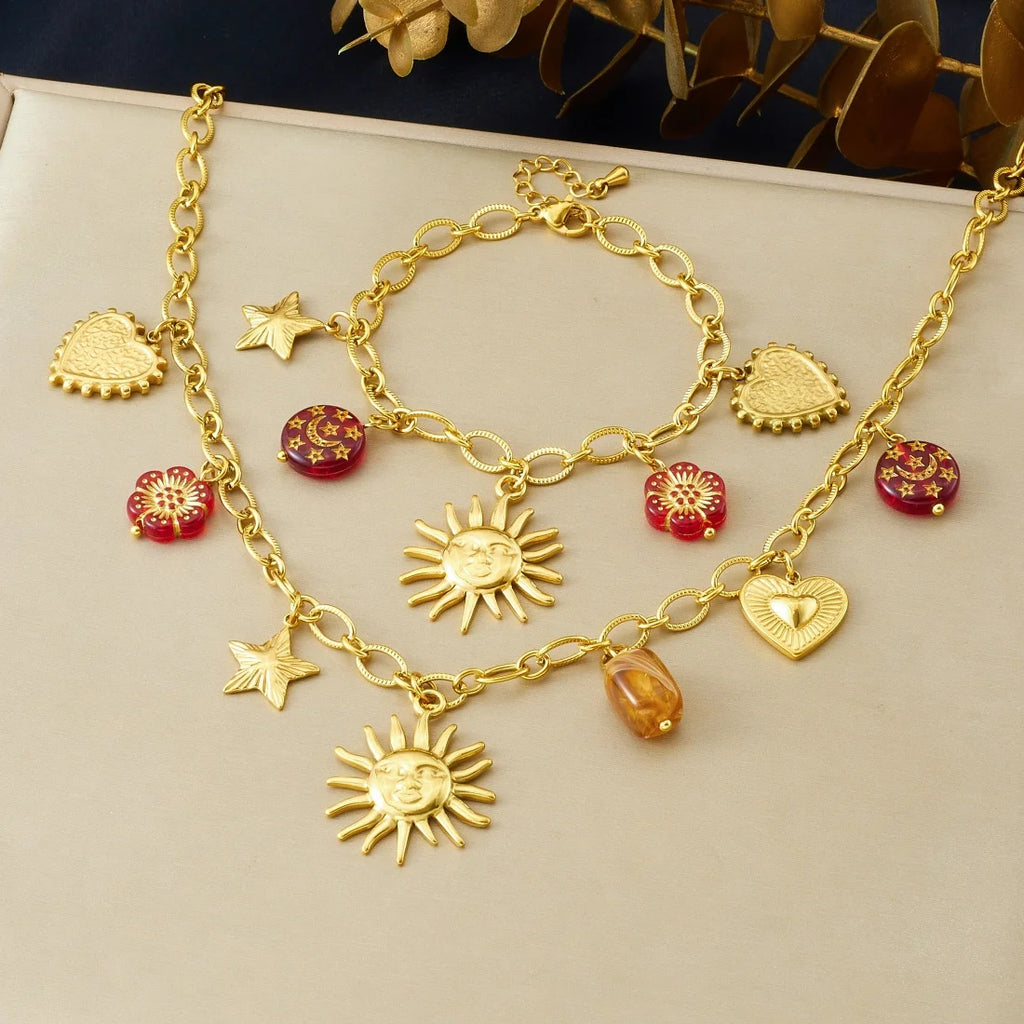 DIEYURO 316L Stainless Steel Golden Personality Sun Star Heart Red Crystal Flower Pendant Necklace Lady Trend Neck Chain Jewelry
