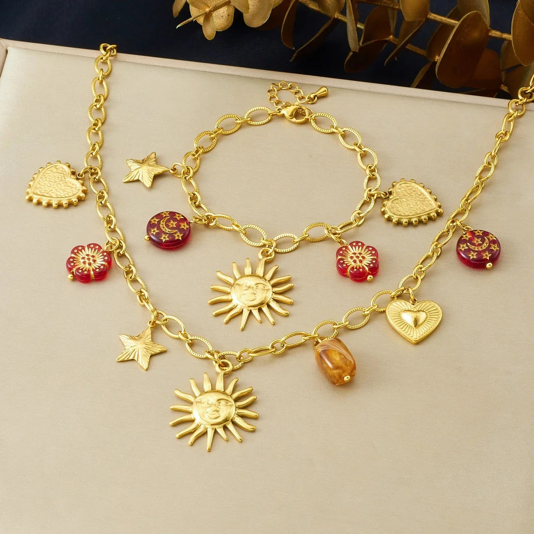 DIEYURO 316L Stainless Steel Golden Personality Sun Star Heart Red Crystal Flower Pendant Necklace Lady Trend Neck Chain Jewelry