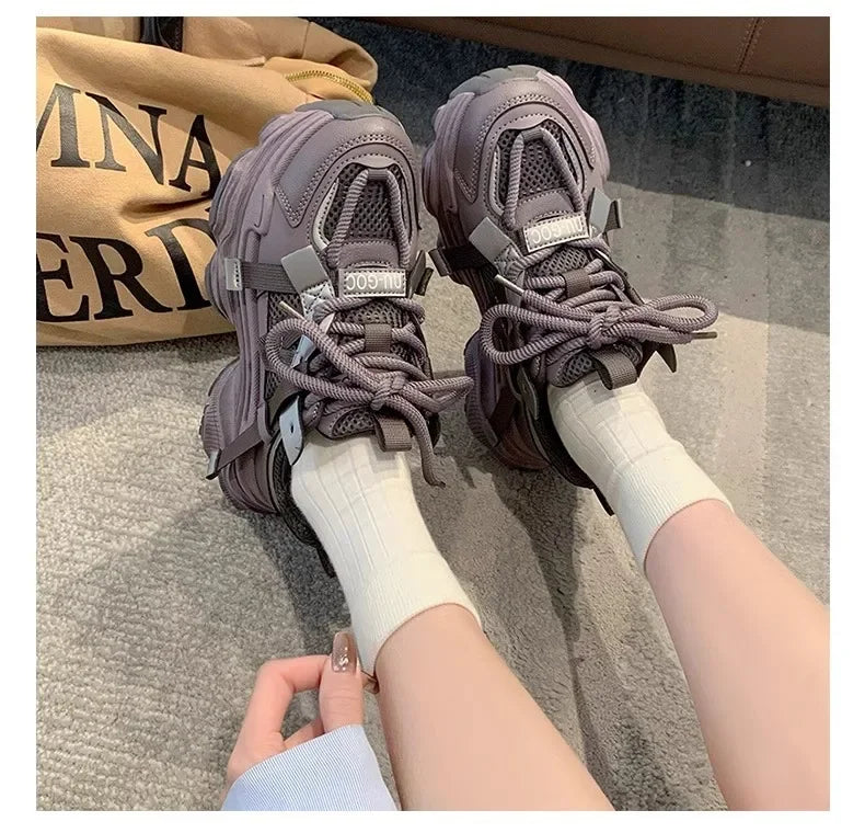 2024 Spring Breathable Mesh Platform Sports Shoes Women's Chunky Sneakers Woman Thick Sole Fashion Lace Up Casual Shoes