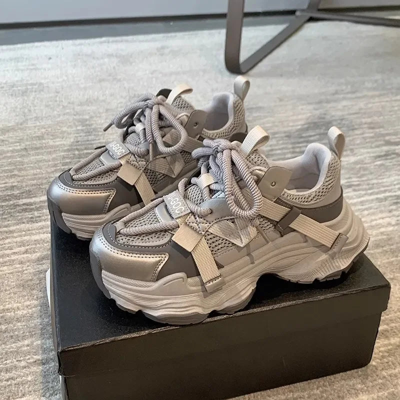 2024 Spring Breathable Mesh Platform Sports Shoes Women's Chunky Sneakers Woman Thick Sole Fashion Lace Up Casual Shoes