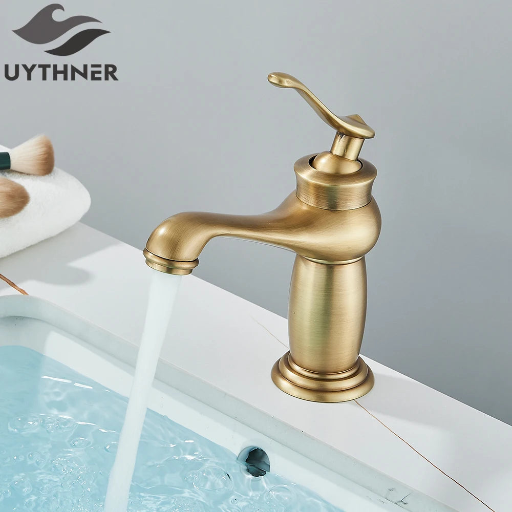 Kitchen Sink Faucets Antique Brass Single Handle Kitchen Basin Faucets Deck Mounted Hot & Cold Water Mixer Basin Sink Taps