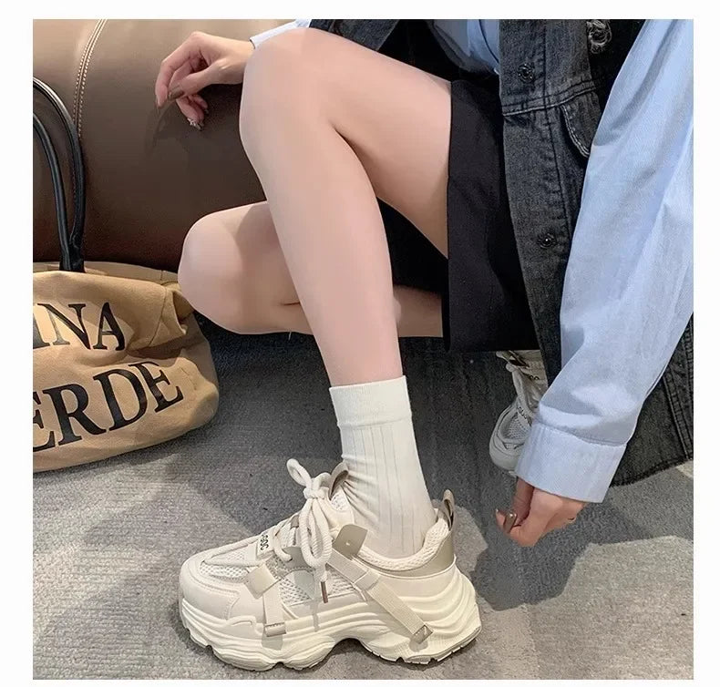 2024 Spring Breathable Mesh Platform Sports Shoes Women's Chunky Sneakers Woman Thick Sole Fashion Lace Up Casual Shoes