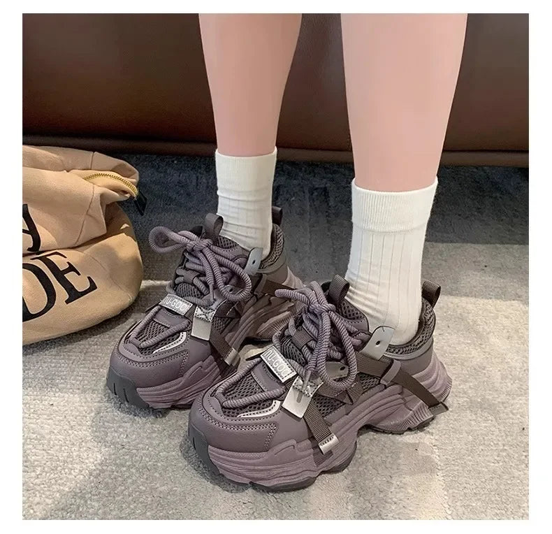 2024 Spring Breathable Mesh Platform Sports Shoes Women's Chunky Sneakers Woman Thick Sole Fashion Lace Up Casual Shoes