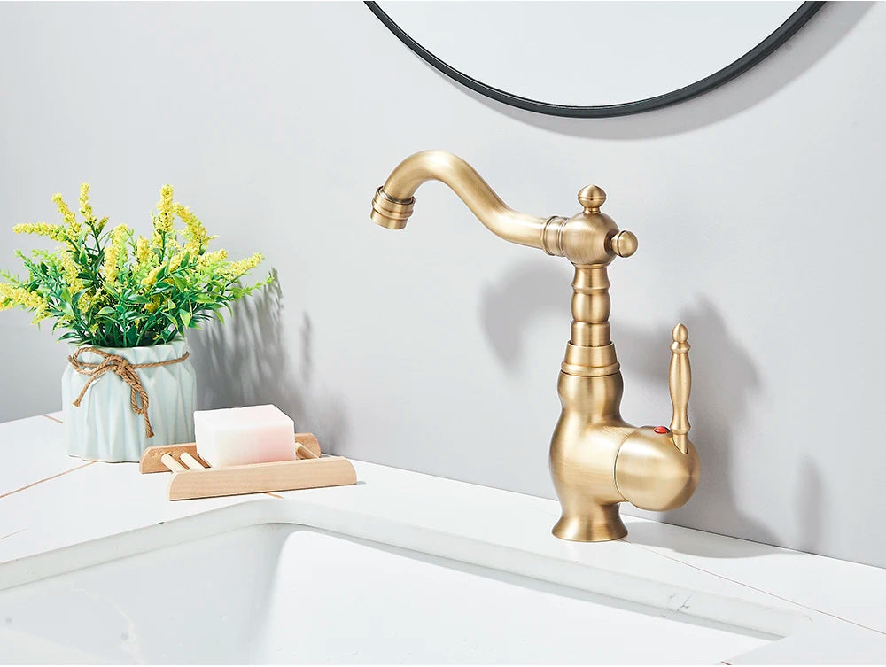 Kitchen Sink Faucets Antique Brass Single Handle Kitchen Basin Faucets Deck Mounted Hot & Cold Water Mixer Basin Sink Taps
