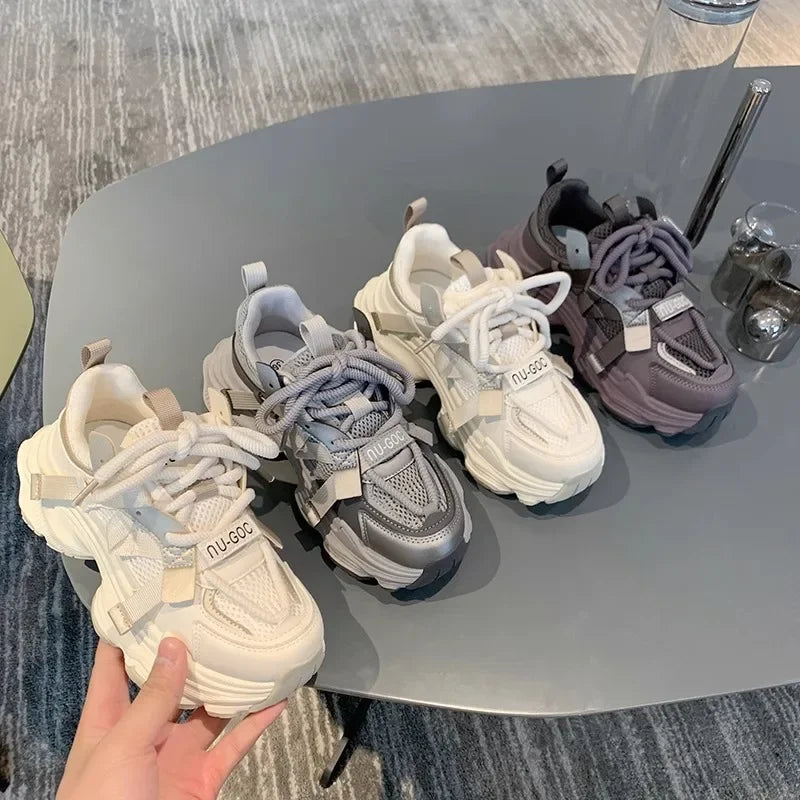 2024 Spring Breathable Mesh Platform Sports Shoes Women's Chunky Sneakers Woman Thick Sole Fashion Lace Up Casual Shoes