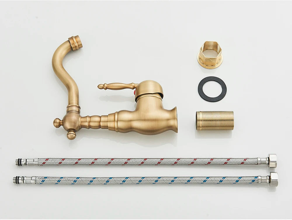 Kitchen Sink Faucets Antique Brass Single Handle Kitchen Basin Faucets Deck Mounted Hot & Cold Water Mixer Basin Sink Taps