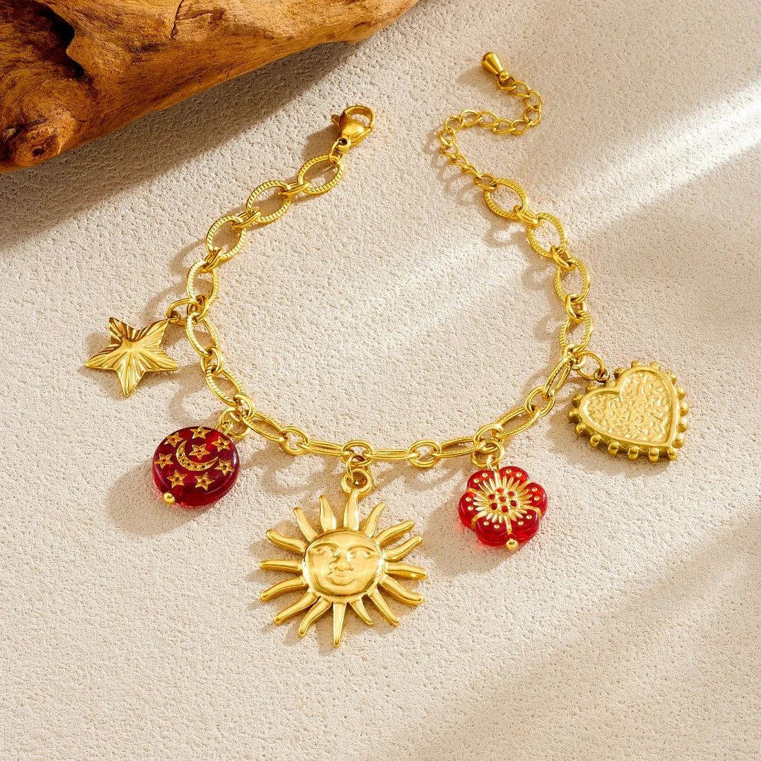 DIEYURO 316L Stainless Steel Golden Personality Sun Star Heart Red Crystal Flower Pendant Necklace Lady Trend Neck Chain Jewelry