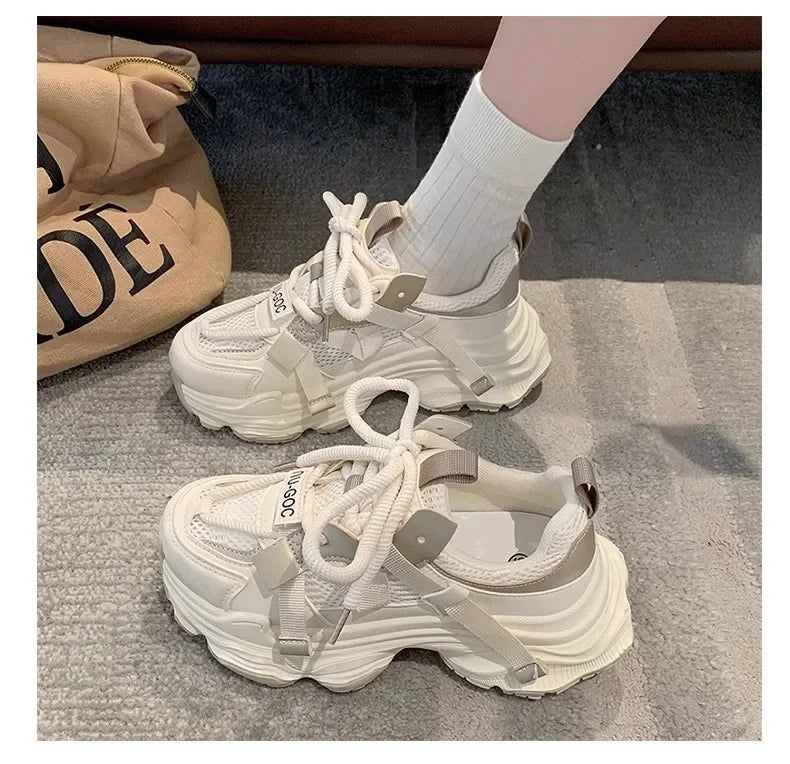 2024 Spring Breathable Mesh Platform Sports Shoes Women's Chunky Sneakers Woman Thick Sole Fashion Lace Up Casual Shoes