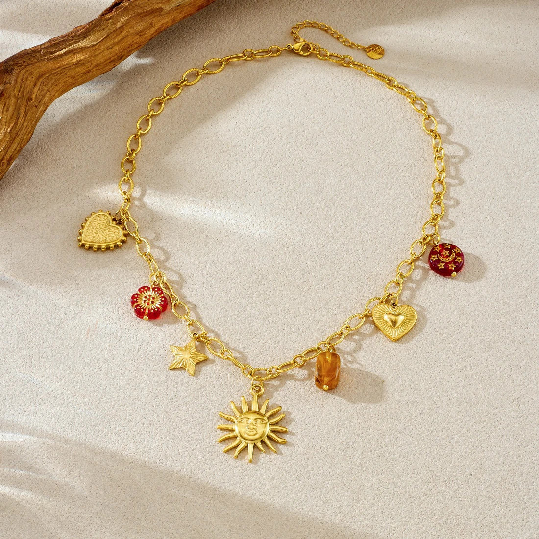 DIEYURO 316L Stainless Steel Golden Personality Sun Star Heart Red Crystal Flower Pendant Necklace Lady Trend Neck Chain Jewelry