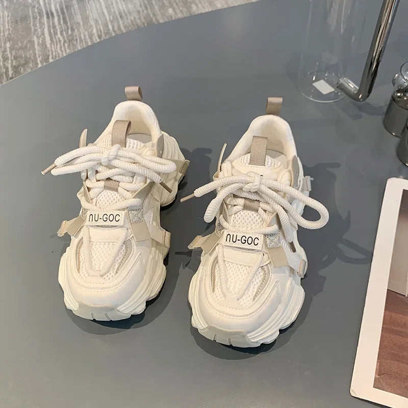 2024 Spring Breathable Mesh Platform Sports Shoes Women's Chunky Sneakers Woman Thick Sole Fashion Lace Up Casual Shoes