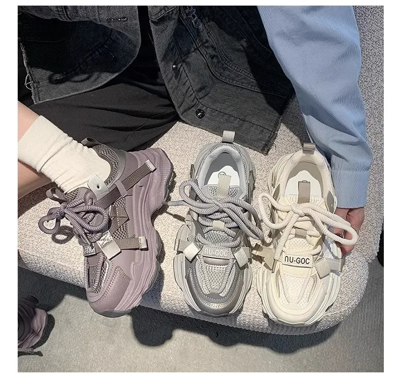 2024 Spring Breathable Mesh Platform Sports Shoes Women's Chunky Sneakers Woman Thick Sole Fashion Lace Up Casual Shoes
