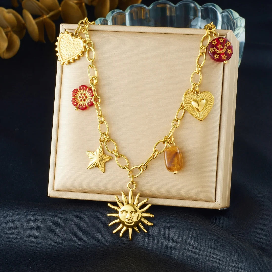 DIEYURO 316L Stainless Steel Golden Personality Sun Star Heart Red Crystal Flower Pendant Necklace Lady Trend Neck Chain Jewelry