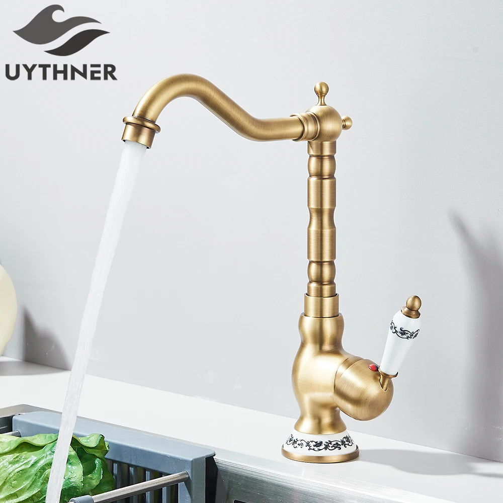 Kitchen Sink Faucets Antique Brass Single Handle Kitchen Basin Faucets Deck Mounted Hot & Cold Water Mixer Basin Sink Taps