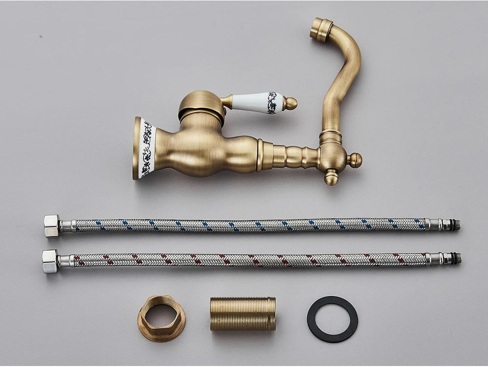 Kitchen Sink Faucets Antique Brass Single Handle Kitchen Basin Faucets Deck Mounted Hot & Cold Water Mixer Basin Sink Taps