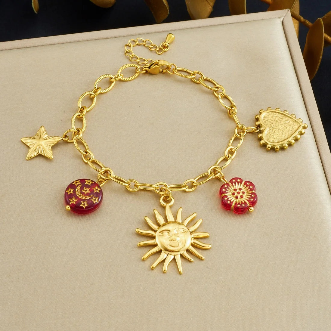 DIEYURO 316L Stainless Steel Golden Personality Sun Star Heart Red Crystal Flower Pendant Necklace Lady Trend Neck Chain Jewelry