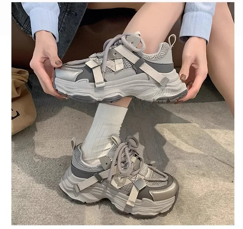 2024 Spring Breathable Mesh Platform Sports Shoes Women's Chunky Sneakers Woman Thick Sole Fashion Lace Up Casual Shoes