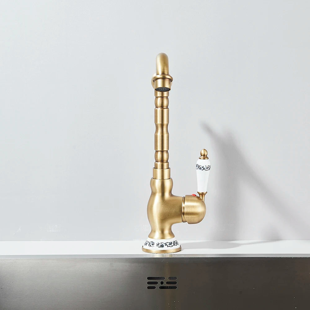 Kitchen Sink Faucets Antique Brass Single Handle Kitchen Basin Faucets Deck Mounted Hot & Cold Water Mixer Basin Sink Taps