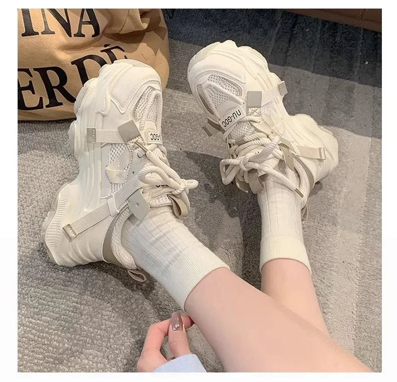 2024 Spring Breathable Mesh Platform Sports Shoes Women's Chunky Sneakers Woman Thick Sole Fashion Lace Up Casual Shoes