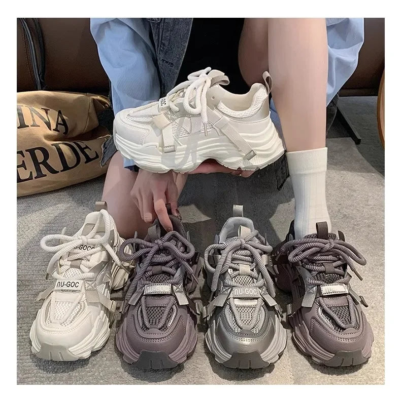 2024 Spring Breathable Mesh Platform Sports Shoes Women's Chunky Sneakers Woman Thick Sole Fashion Lace Up Casual Shoes