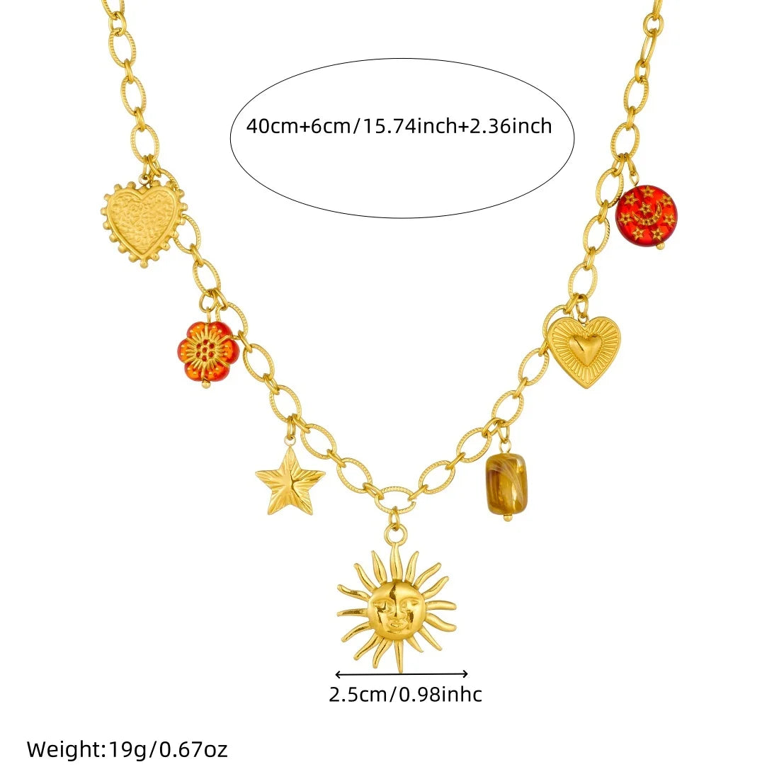 DIEYURO 316L Stainless Steel Golden Personality Sun Star Heart Red Crystal Flower Pendant Necklace Lady Trend Neck Chain Jewelry