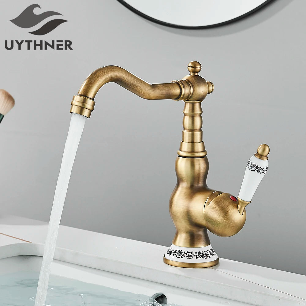 Kitchen Sink Faucets Antique Brass Single Handle Kitchen Basin Faucets Deck Mounted Hot & Cold Water Mixer Basin Sink Taps