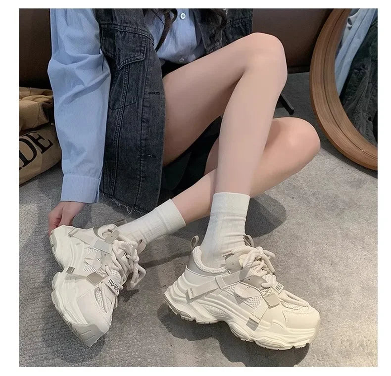 2024 Spring Breathable Mesh Platform Sports Shoes Women's Chunky Sneakers Woman Thick Sole Fashion Lace Up Casual Shoes