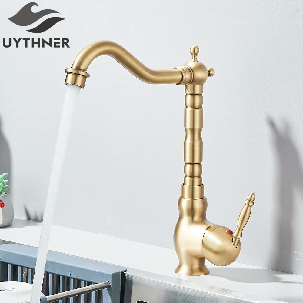 Kitchen Sink Faucets Antique Brass Single Handle Kitchen Basin Faucets Deck Mounted Hot & Cold Water Mixer Basin Sink Taps