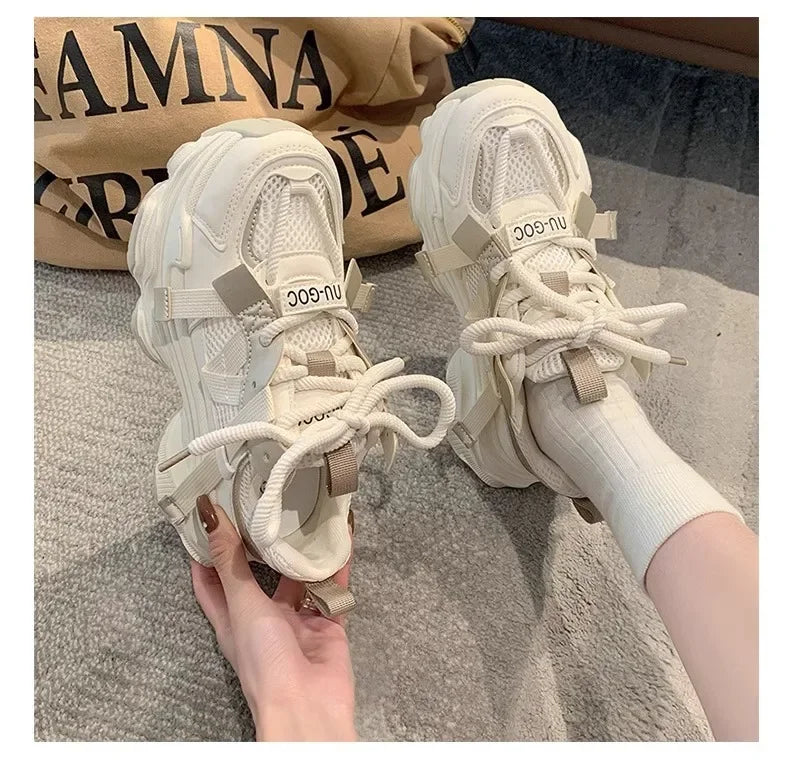 2024 Spring Breathable Mesh Platform Sports Shoes Women's Chunky Sneakers Woman Thick Sole Fashion Lace Up Casual Shoes