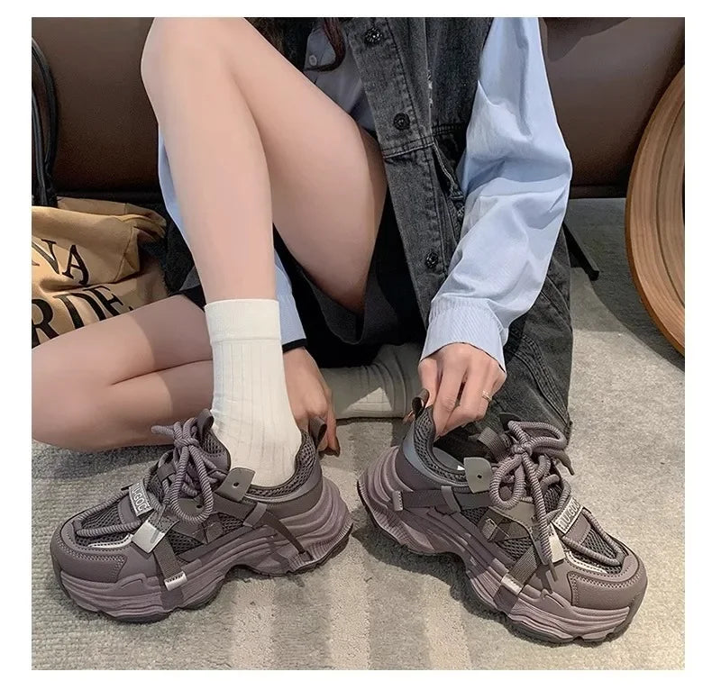 2024 Spring Breathable Mesh Platform Sports Shoes Women's Chunky Sneakers Woman Thick Sole Fashion Lace Up Casual Shoes