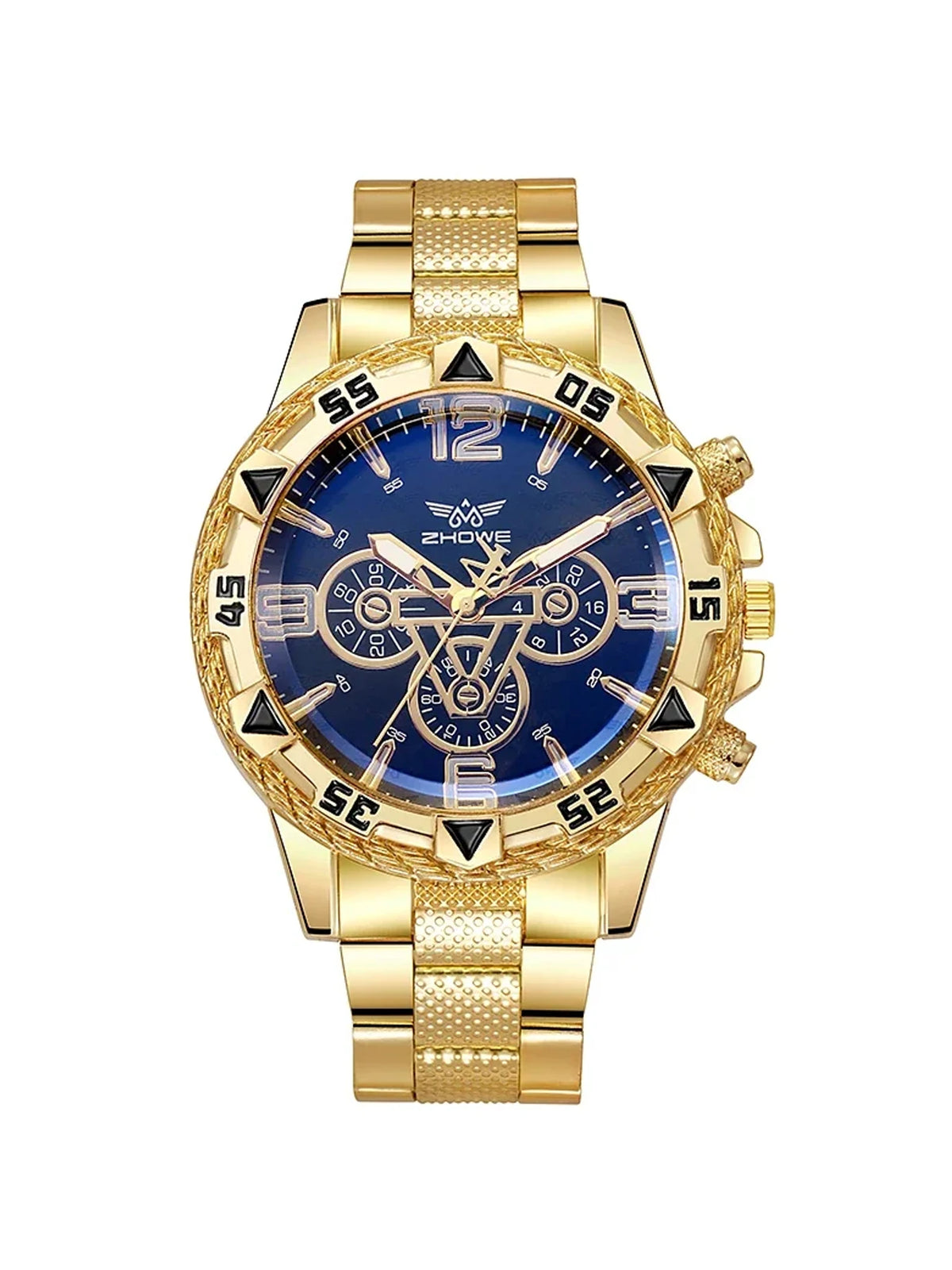 Large dial gold watch, blue light men's watch, men's watch, steel strap quartz watch