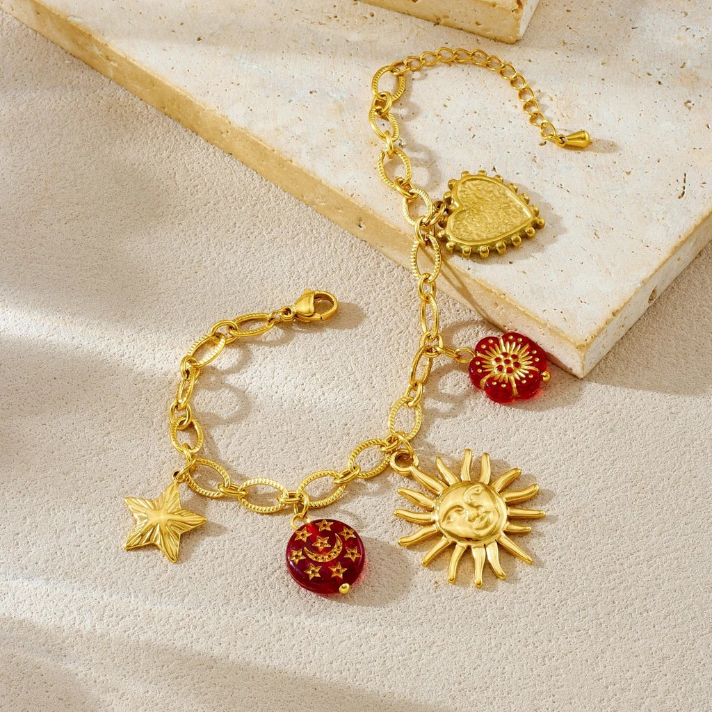 DIEYURO 316L Stainless Steel Golden Personality Sun Star Heart Red Crystal Flower Pendant Necklace Lady Trend Neck Chain Jewelry