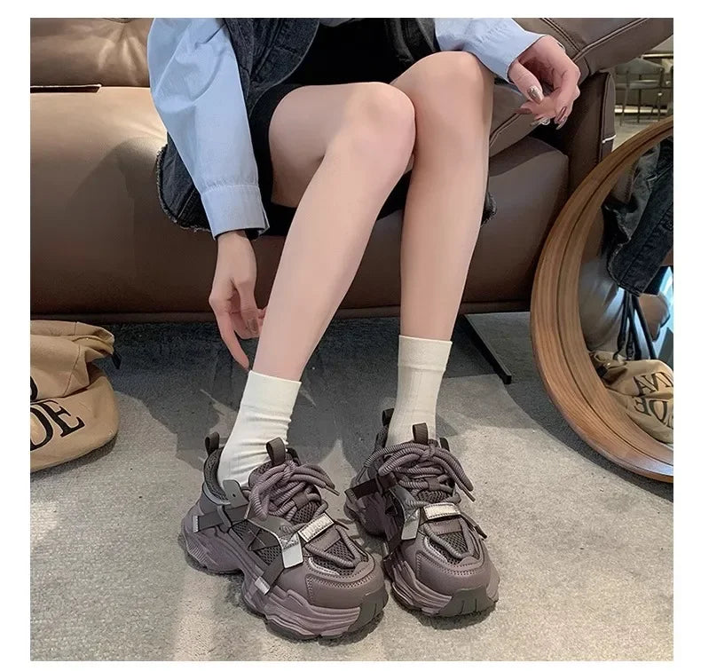 2024 Spring Breathable Mesh Platform Sports Shoes Women's Chunky Sneakers Woman Thick Sole Fashion Lace Up Casual Shoes