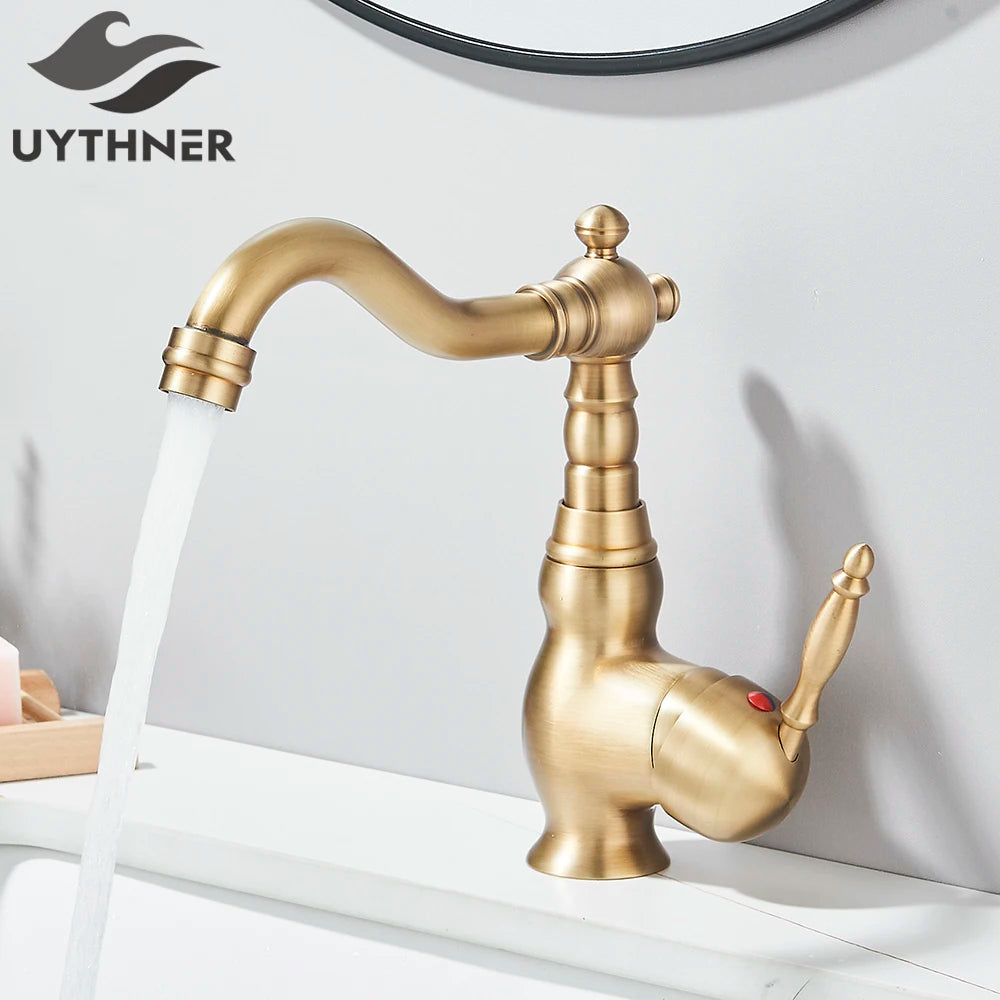 Kitchen Sink Faucets Antique Brass Single Handle Kitchen Basin Faucets Deck Mounted Hot & Cold Water Mixer Basin Sink Taps
