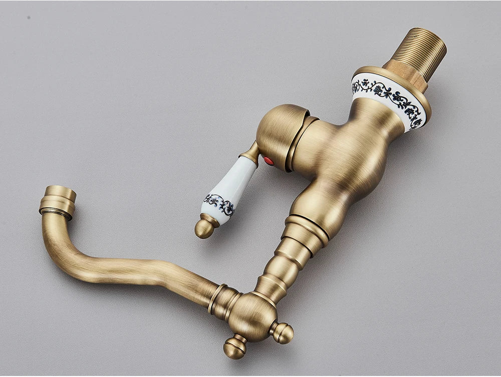 Kitchen Sink Faucets Antique Brass Single Handle Kitchen Basin Faucets Deck Mounted Hot & Cold Water Mixer Basin Sink Taps