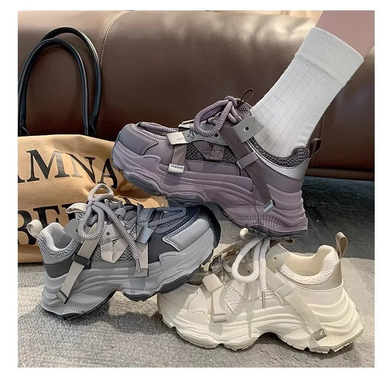 2024 Spring Breathable Mesh Platform Sports Shoes Women's Chunky Sneakers Woman Thick Sole Fashion Lace Up Casual Shoes