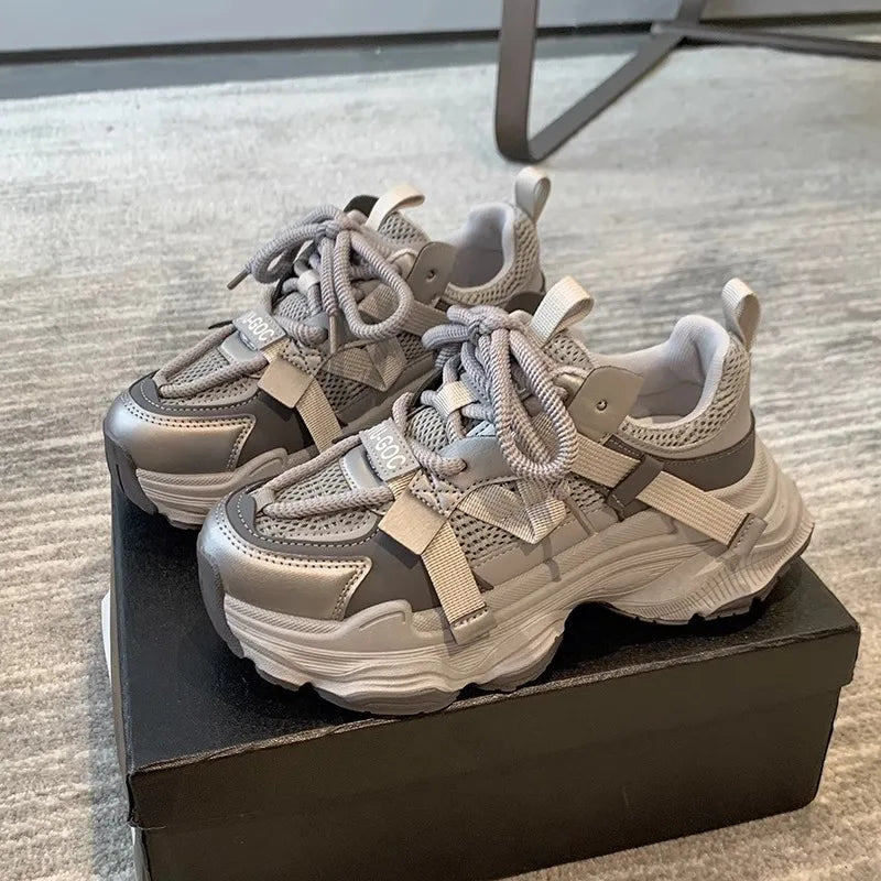 2024 Spring Breathable Mesh Platform Sports Shoes Women's Chunky Sneakers Woman Thick Sole Fashion Lace Up Casual Shoes