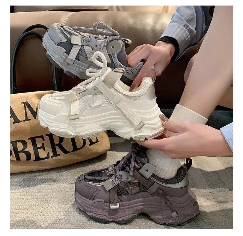2024 Spring Breathable Mesh Platform Sports Shoes Women's Chunky Sneakers Woman Thick Sole Fashion Lace Up Casual Shoes