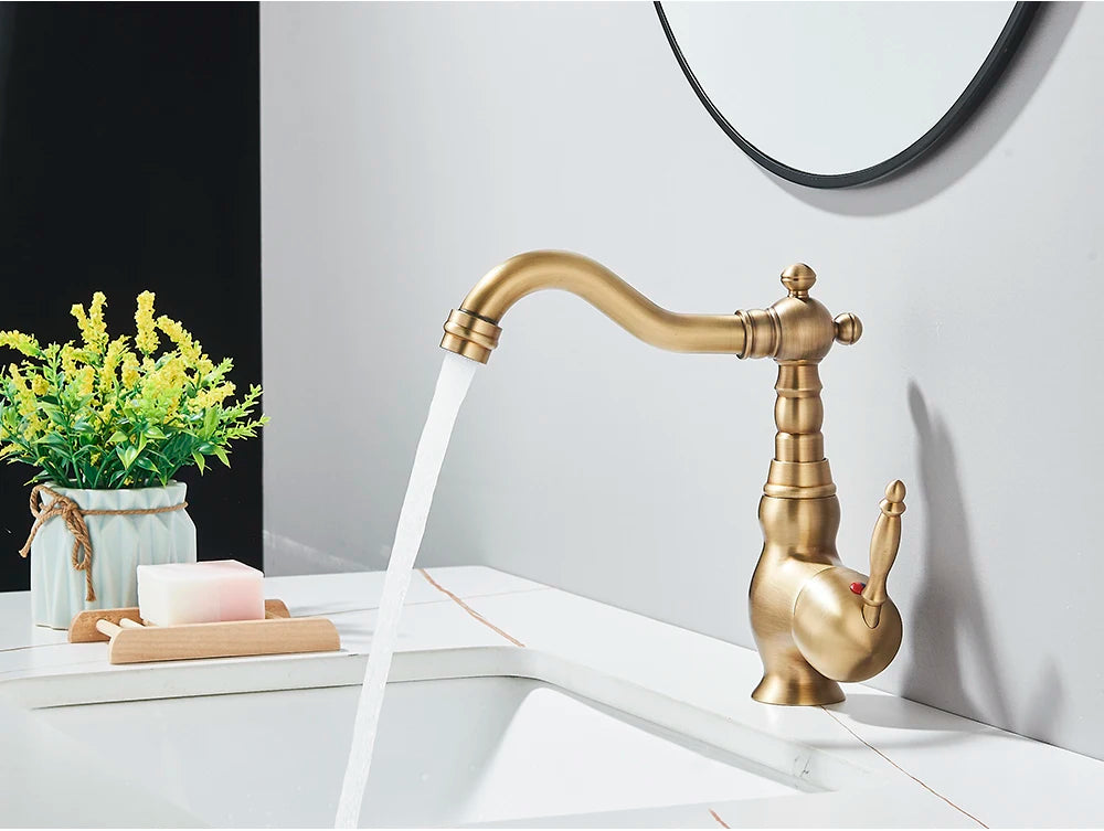 Kitchen Sink Faucets Antique Brass Single Handle Kitchen Basin Faucets Deck Mounted Hot & Cold Water Mixer Basin Sink Taps