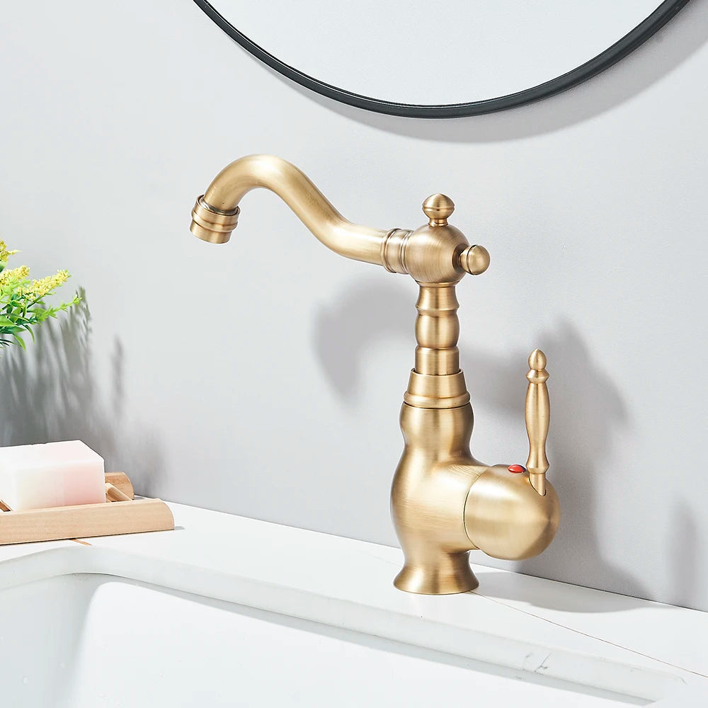 Kitchen Sink Faucets Antique Brass Single Handle Kitchen Basin Faucets Deck Mounted Hot & Cold Water Mixer Basin Sink Taps