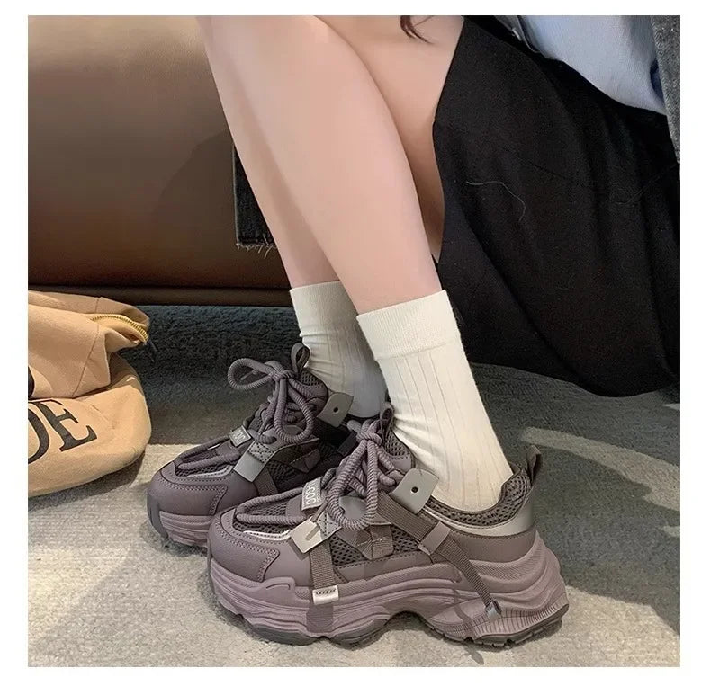 2024 Spring Breathable Mesh Platform Sports Shoes Women's Chunky Sneakers Woman Thick Sole Fashion Lace Up Casual Shoes