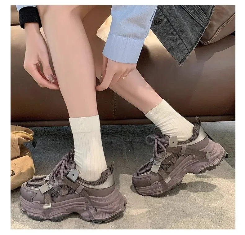 2024 Spring Breathable Mesh Platform Sports Shoes Women's Chunky Sneakers Woman Thick Sole Fashion Lace Up Casual Shoes