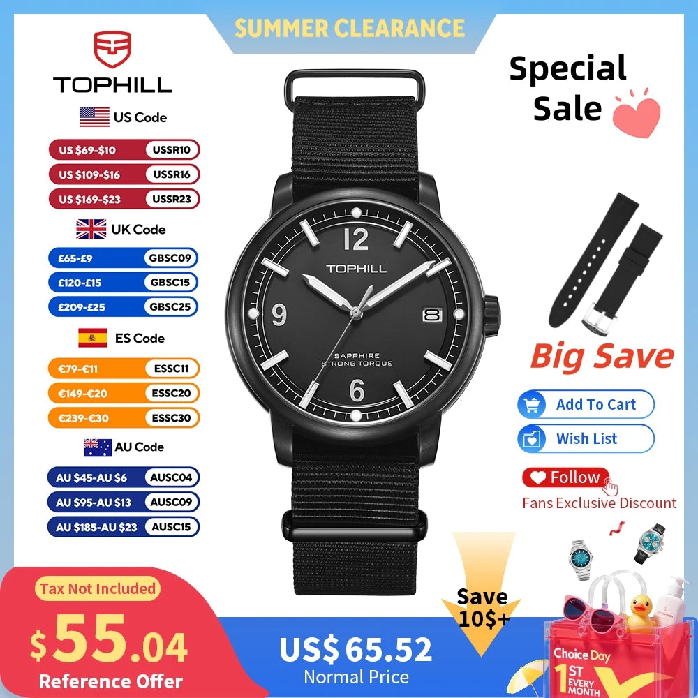 TOPHILL 42mm Fashion VX62E Quartz Watch For Men C3 Luminous Casual Retro Simple Sapphire 316L Stainless Steel 2 Straps TD009G