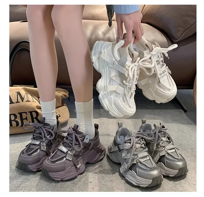 2024 Spring Breathable Mesh Platform Sports Shoes Women's Chunky Sneakers Woman Thick Sole Fashion Lace Up Casual Shoes