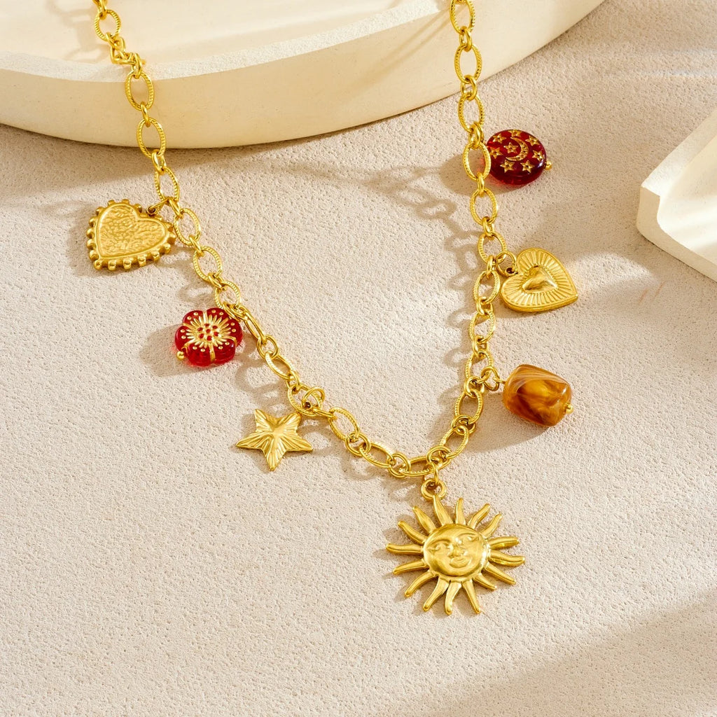 DIEYURO 316L Stainless Steel Golden Personality Sun Star Heart Red Crystal Flower Pendant Necklace Lady Trend Neck Chain Jewelry