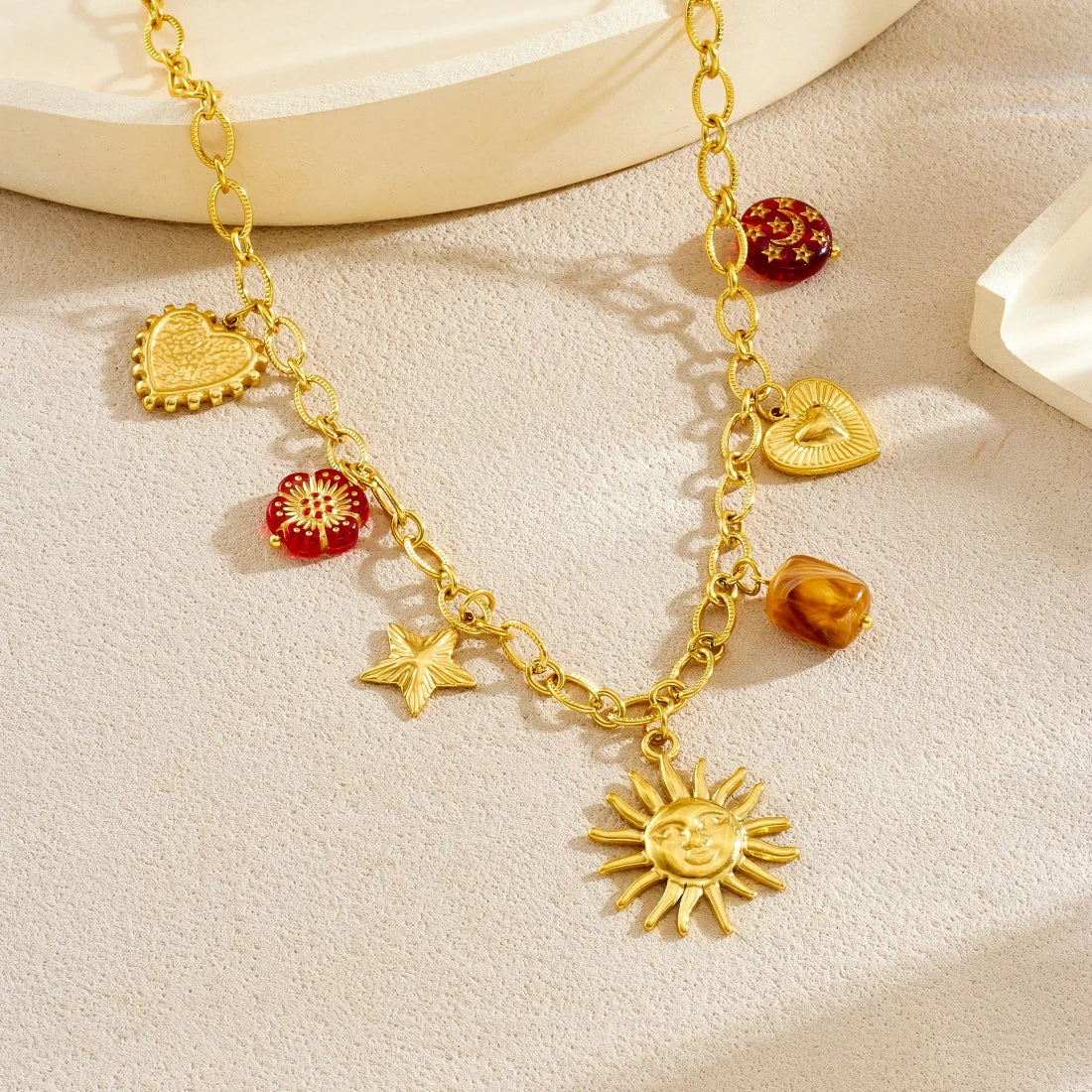 DIEYURO 316L Stainless Steel Golden Personality Sun Star Heart Red Crystal Flower Pendant Necklace Lady Trend Neck Chain Jewelry